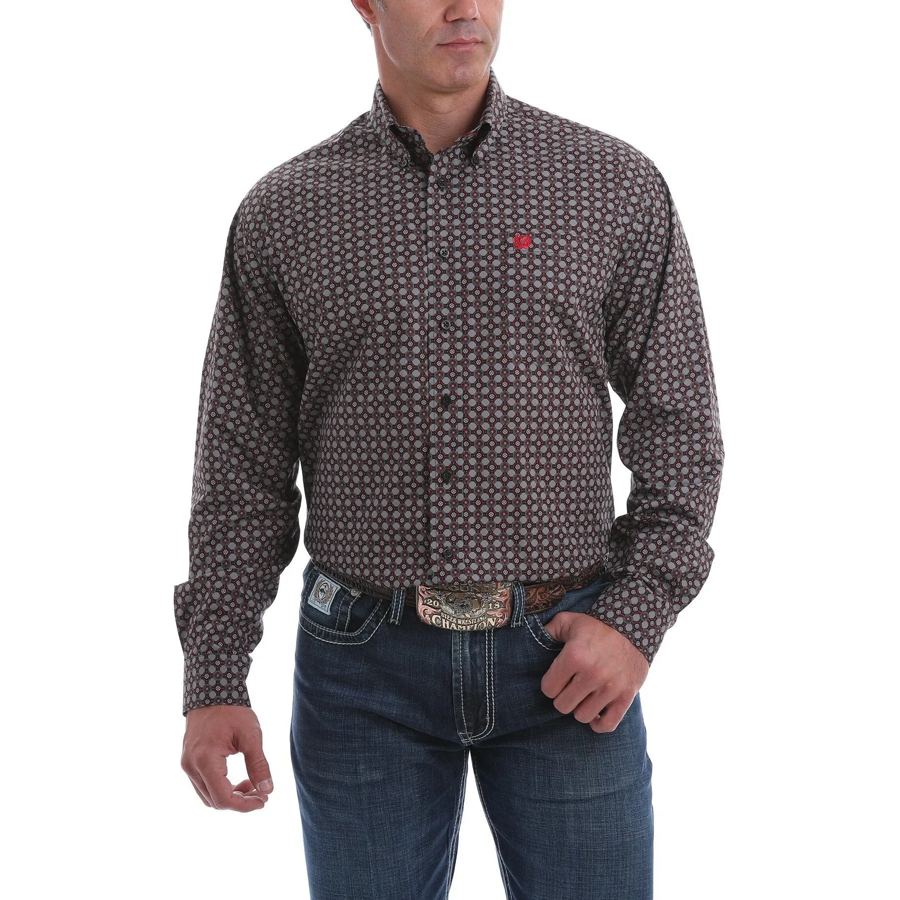 Cinch Men's Geometric Print Button-Down Shirt-Grey, Black, White and Red