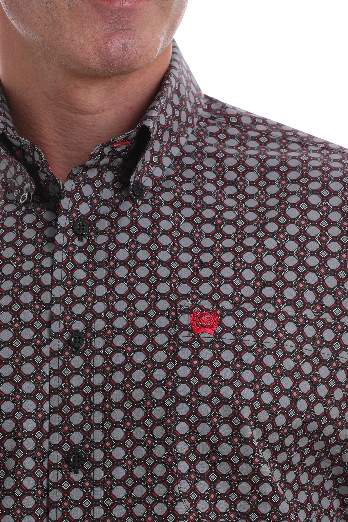 Cinch Men's Geometric Print Button-Down Shirt-Grey, Black, White and Red