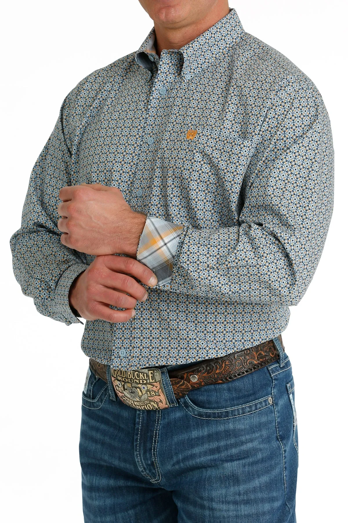 Cinch Men's Light Blue and Navy Geometric Print Western Shirt