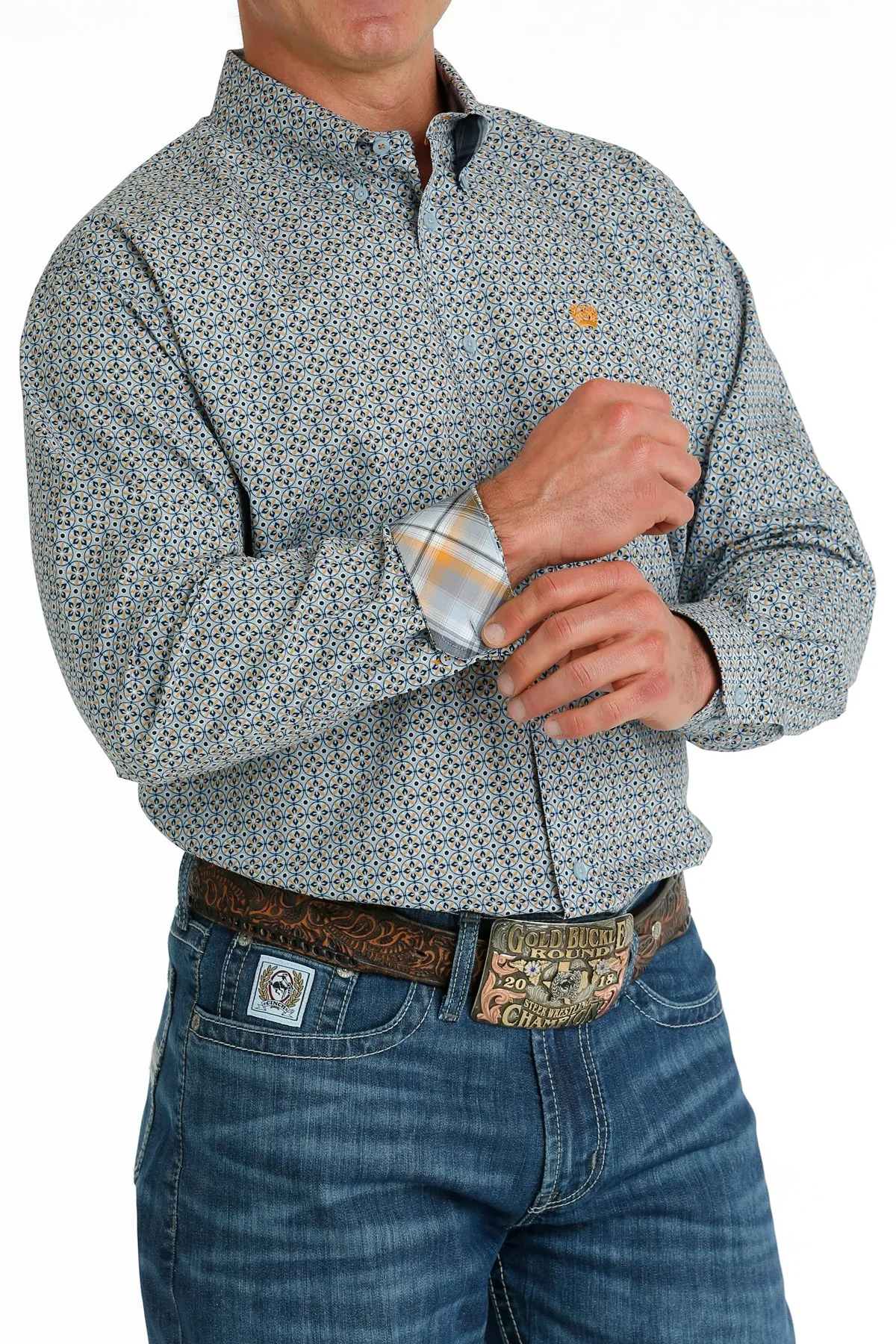 Cinch Men's Light Blue and Navy Geometric Print Western Shirt