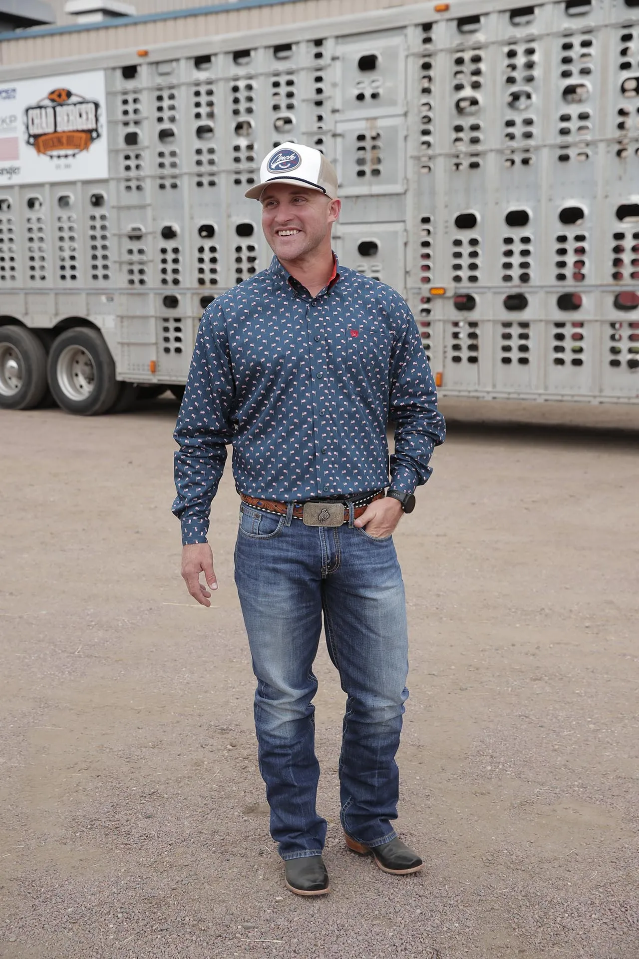 Cinch Men's Navy and Red Flag Print Button Down Shirt