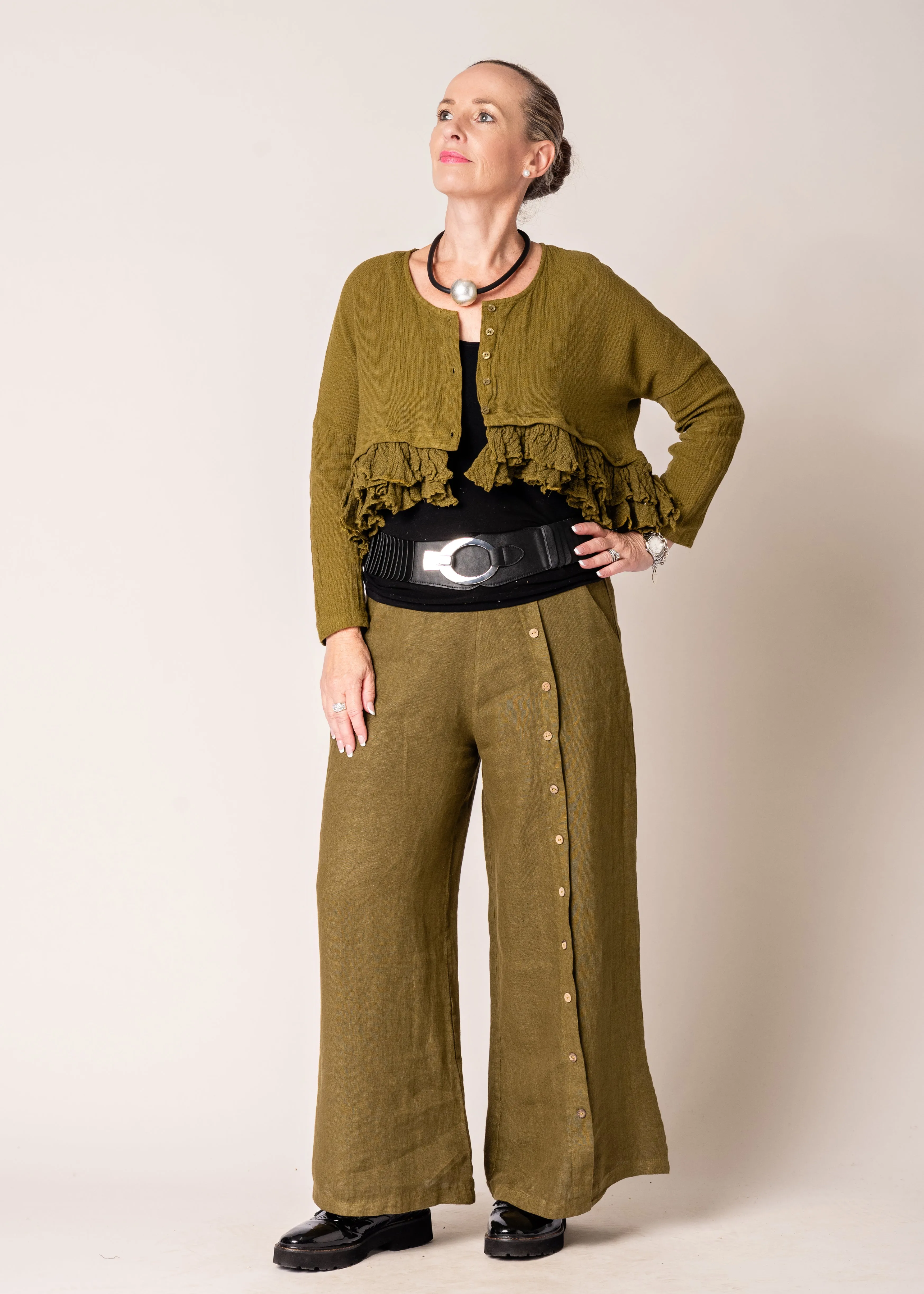 Clair Linen Pants in Green Olive