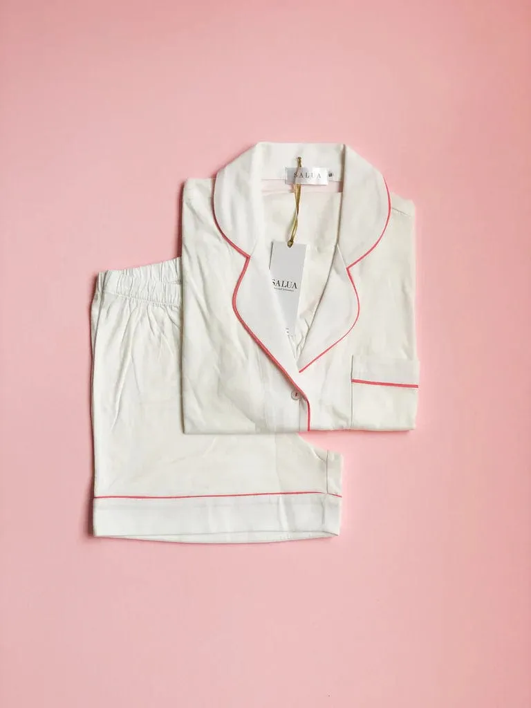 Classic Shorty Pajamas in Brushed Pima Cotton - White & Pink