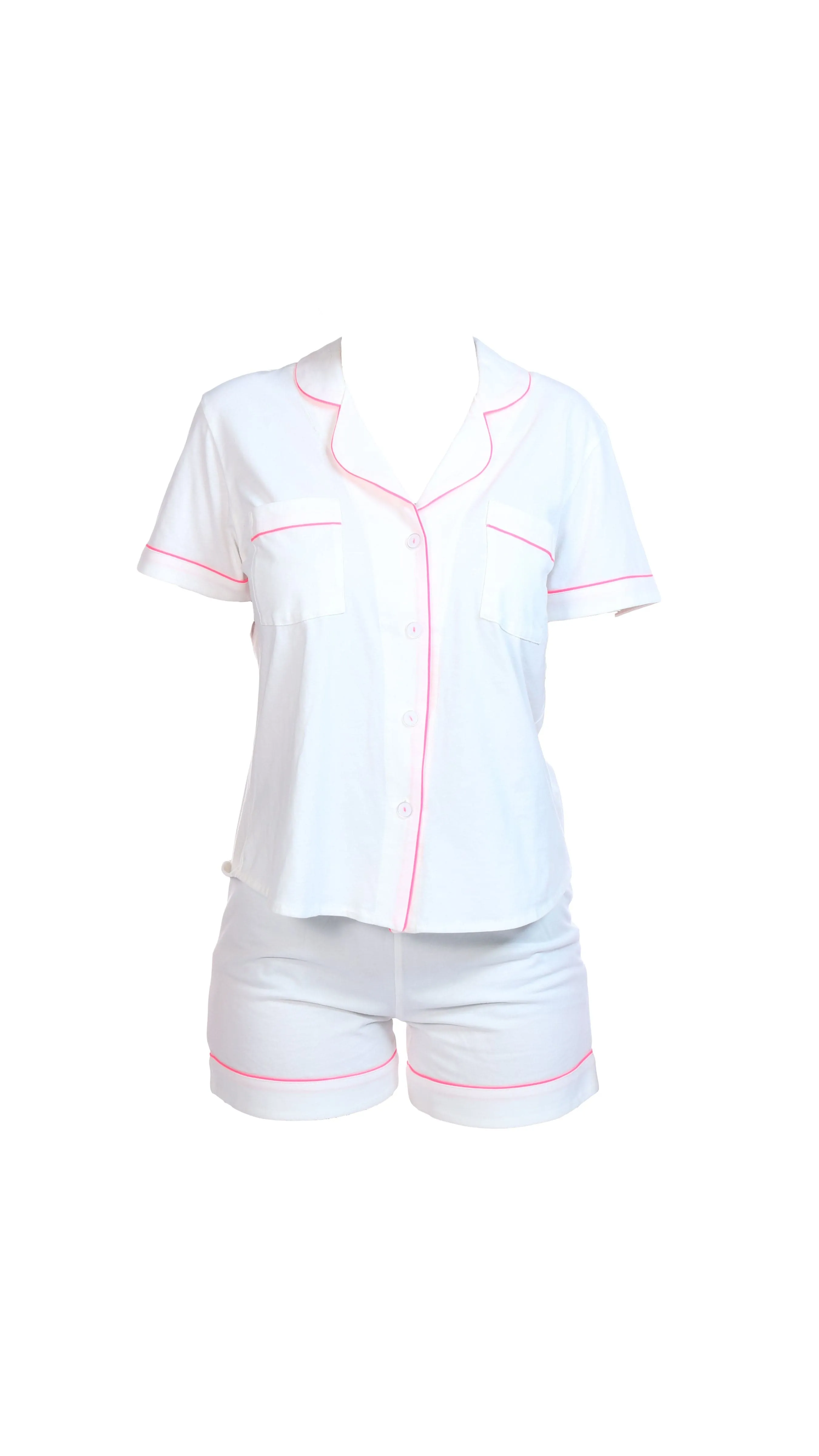 Classic Shorty Pajamas in Brushed Pima Cotton - White & Pink
