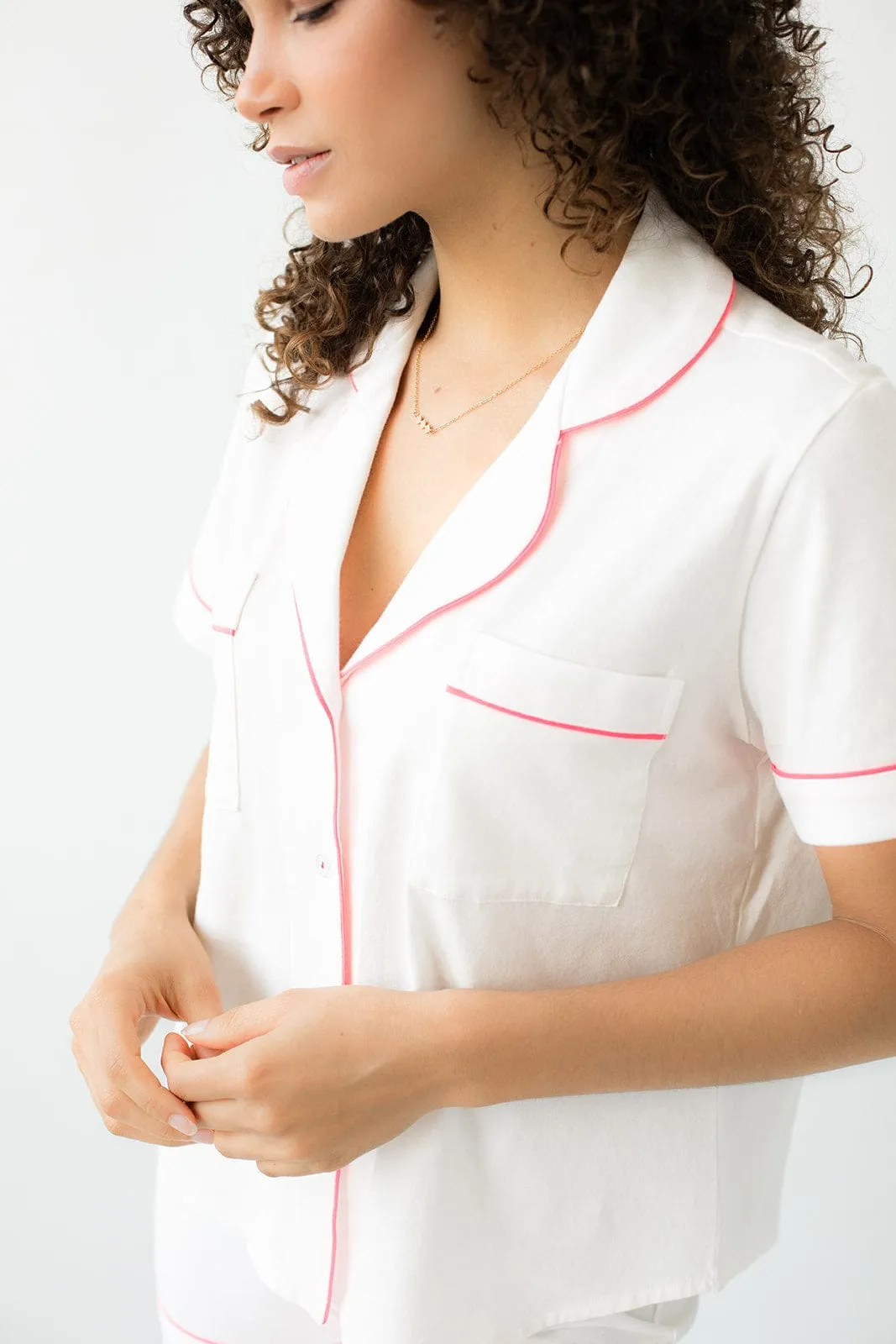 Classic Shorty Pajamas in Brushed Pima Cotton - White & Pink