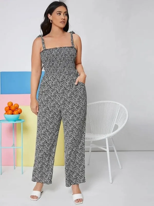 CM-JPS113026 Women Plus Size Tie Shoulder Shirred Bodice Ditsy Floral Jumpsuit - Black