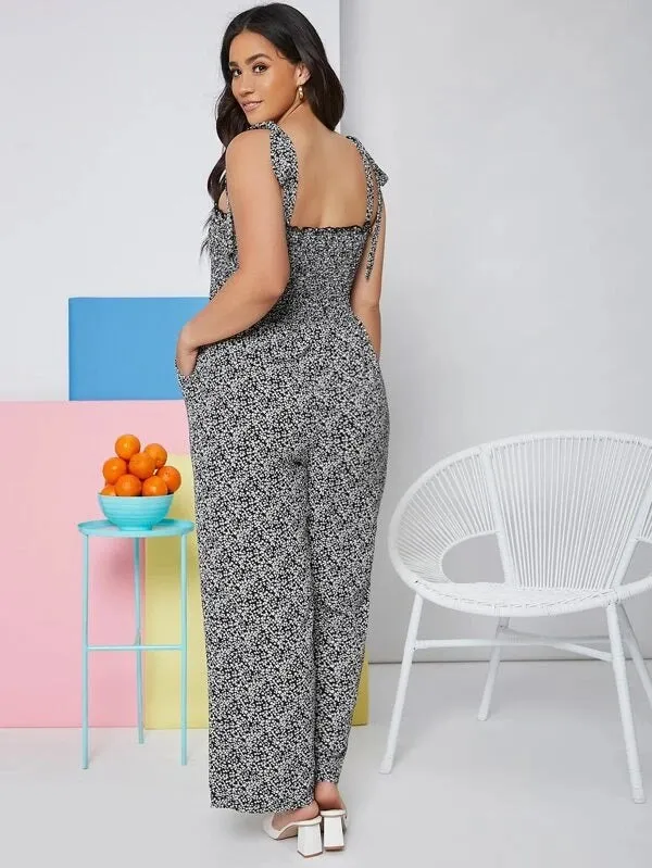 CM-JPS113026 Women Plus Size Tie Shoulder Shirred Bodice Ditsy Floral Jumpsuit - Black
