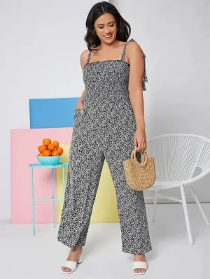 CM-JPS113026 Women Plus Size Tie Shoulder Shirred Bodice Ditsy Floral Jumpsuit - Black
