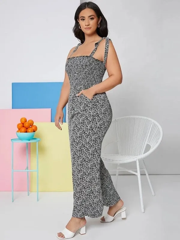 CM-JPS113026 Women Plus Size Tie Shoulder Shirred Bodice Ditsy Floral Jumpsuit - Black
