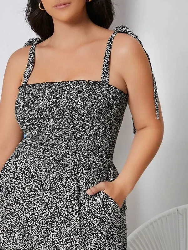CM-JPS113026 Women Plus Size Tie Shoulder Shirred Bodice Ditsy Floral Jumpsuit - Black