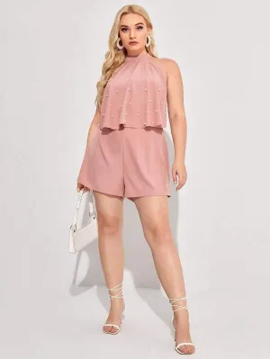 CM-JPS121576 Women Plus Size Sleeveless Pearls Front Halter Romper - Pink