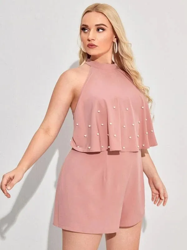 CM-JPS121576 Women Plus Size Sleeveless Pearls Front Halter Romper - Pink