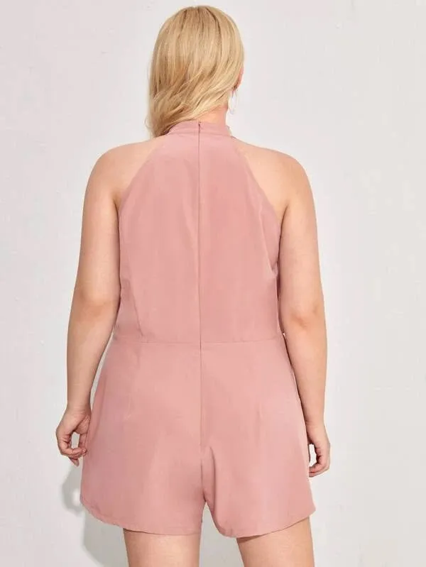 CM-JPS121576 Women Plus Size Sleeveless Pearls Front Halter Romper - Pink