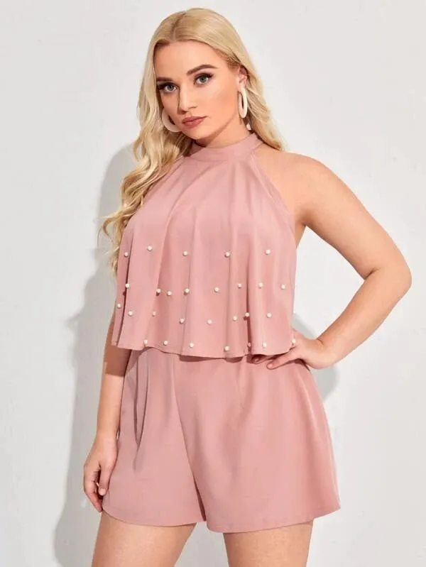 CM-JPS121576 Women Plus Size Sleeveless Pearls Front Halter Romper - Pink