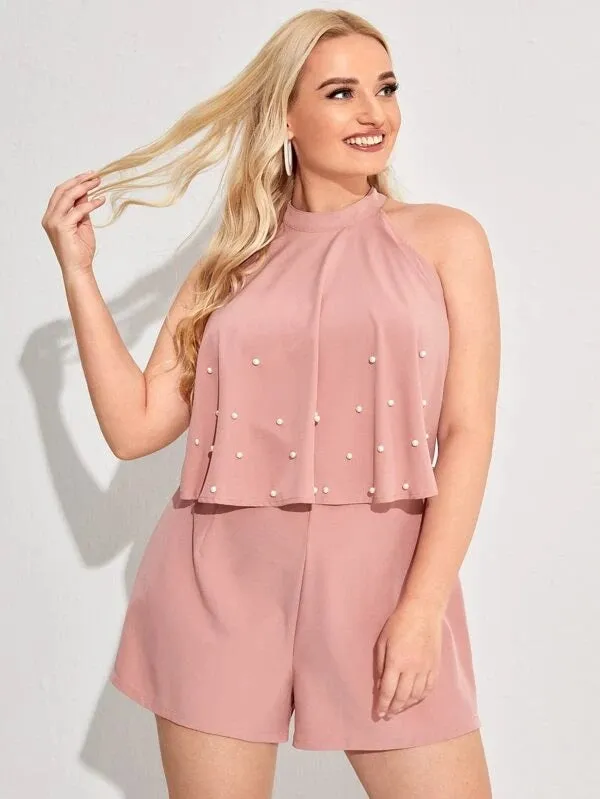 CM-JPS121576 Women Plus Size Sleeveless Pearls Front Halter Romper - Pink