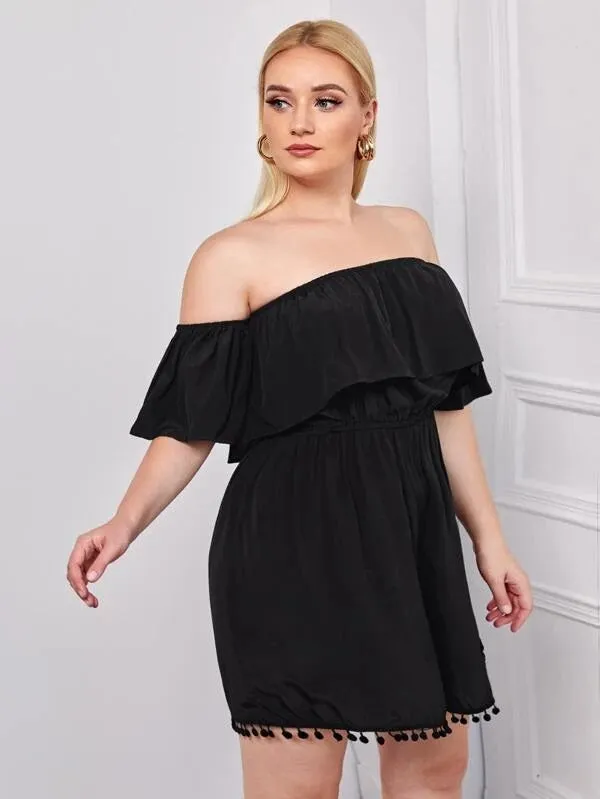 CM-JPS129025 Women Plus Size Pompom Detail Bardot Romper - Black