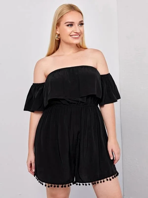 CM-JPS129025 Women Plus Size Pompom Detail Bardot Romper - Black