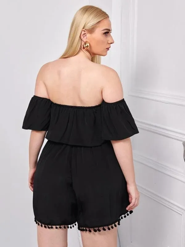 CM-JPS129025 Women Plus Size Pompom Detail Bardot Romper - Black
