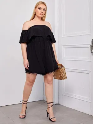 CM-JPS129025 Women Plus Size Pompom Detail Bardot Romper - Black