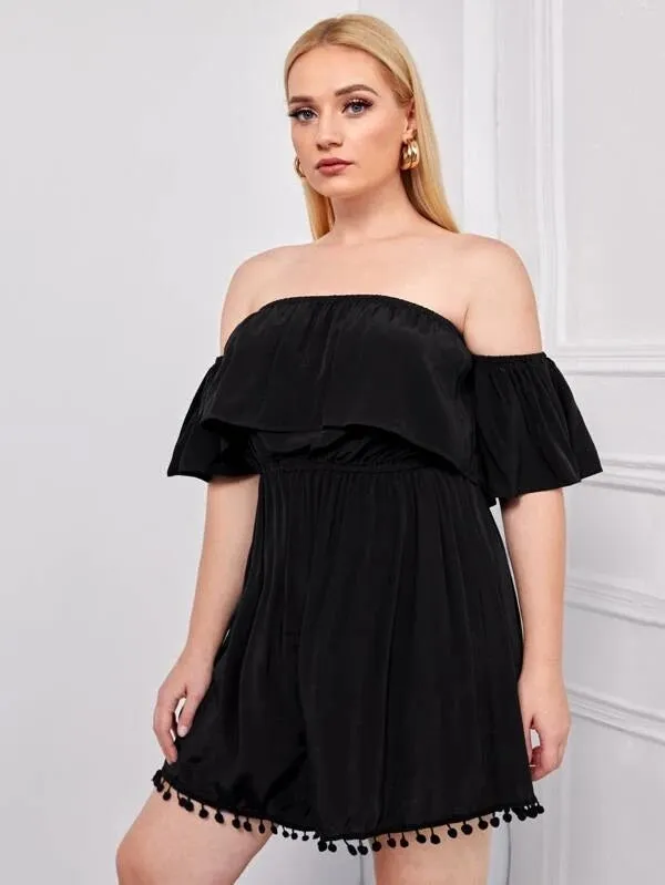 CM-JPS129025 Women Plus Size Pompom Detail Bardot Romper - Black