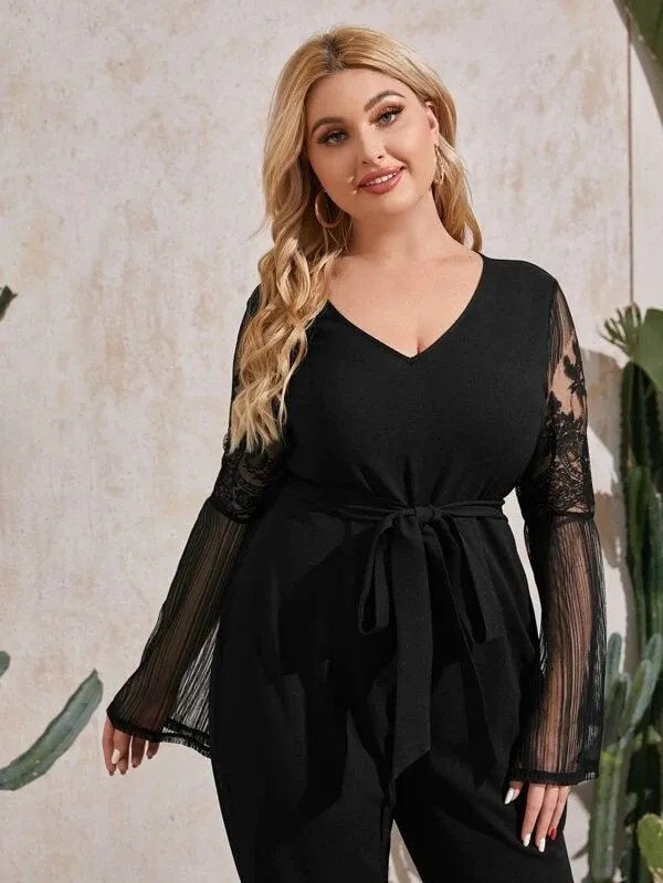 CM-JPS203634 Women Plus Size V-Neck Lace Detail Bell Sleeve Belted Jumpsuit - Black