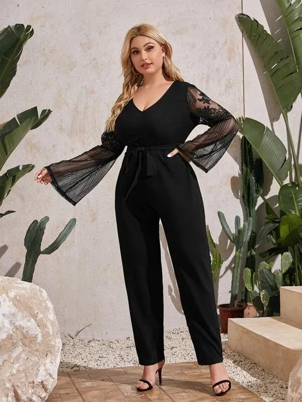 CM-JPS203634 Women Plus Size V-Neck Lace Detail Bell Sleeve Belted Jumpsuit - Black