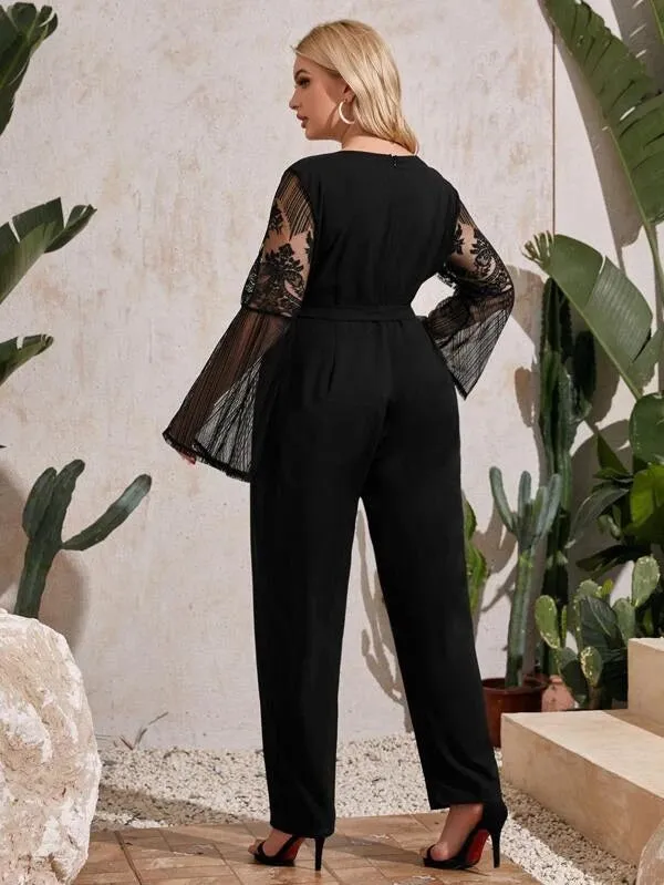 CM-JPS203634 Women Plus Size V-Neck Lace Detail Bell Sleeve Belted Jumpsuit - Black