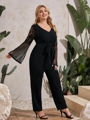 CM-JPS203634 Women Plus Size V-Neck Lace Detail Bell Sleeve Belted Jumpsuit - Black