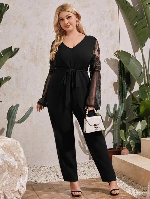 CM-JPS203634 Women Plus Size V-Neck Lace Detail Bell Sleeve Belted Jumpsuit - Black