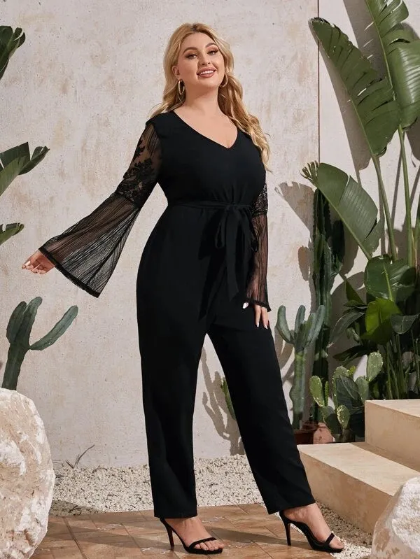 CM-JPS203634 Women Plus Size V-Neck Lace Detail Bell Sleeve Belted Jumpsuit - Black