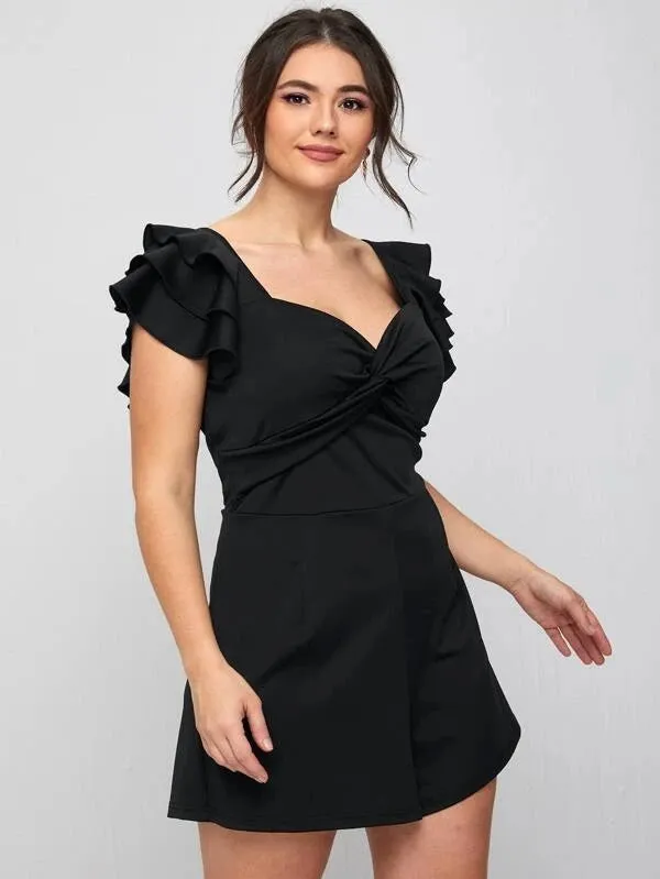 CM-JPS217333 Women Plus Size Sweetheart Neck Ruffle Trim Twist Romper - Black
