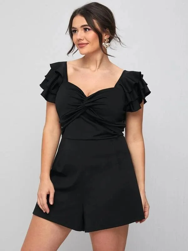 CM-JPS217333 Women Plus Size Sweetheart Neck Ruffle Trim Twist Romper - Black