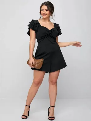 CM-JPS217333 Women Plus Size Sweetheart Neck Ruffle Trim Twist Romper - Black