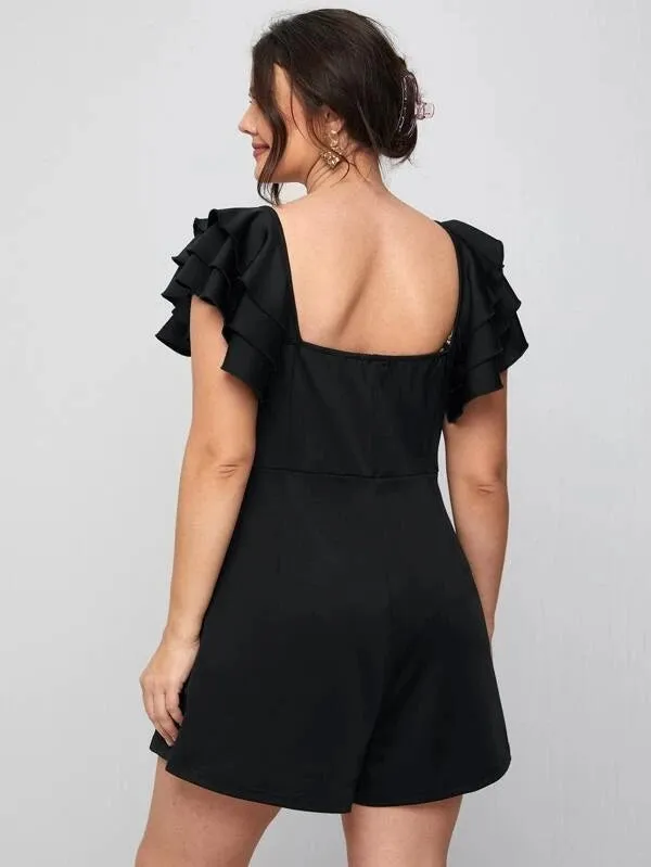 CM-JPS217333 Women Plus Size Sweetheart Neck Ruffle Trim Twist Romper - Black