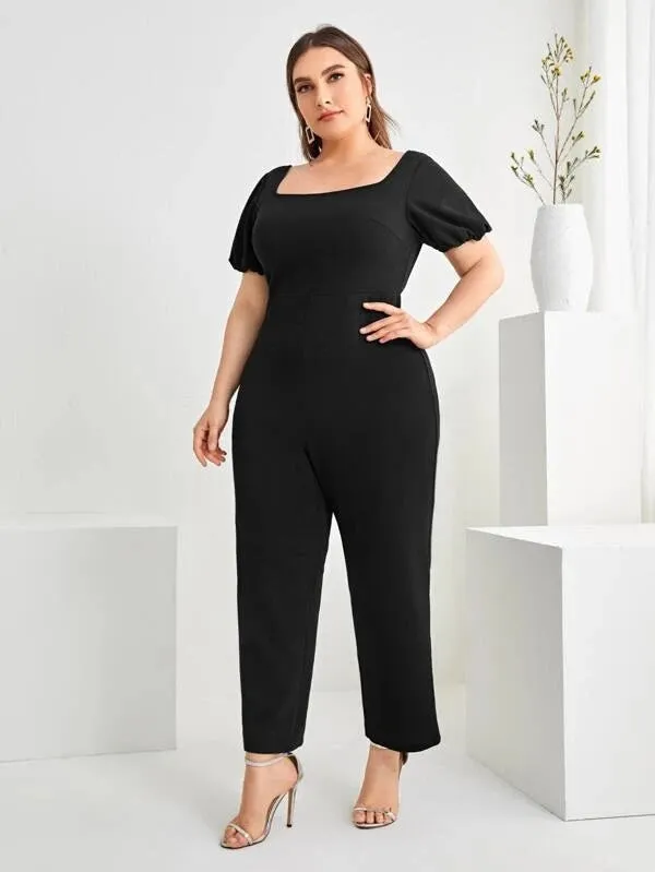 CM-JPS303378 Women Plus Size Puff Sleeve Crisscross Backless Jumpsuit - Black