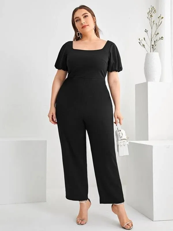 CM-JPS303378 Women Plus Size Puff Sleeve Crisscross Backless Jumpsuit - Black