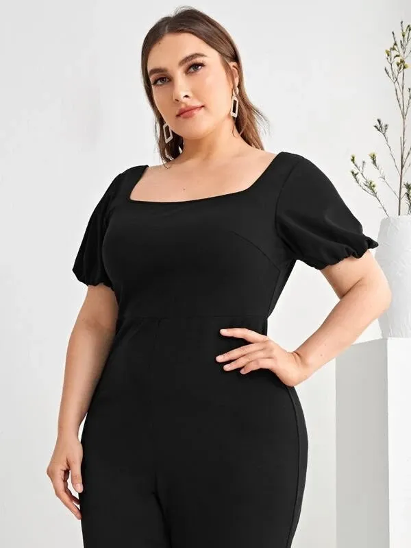 CM-JPS303378 Women Plus Size Puff Sleeve Crisscross Backless Jumpsuit - Black