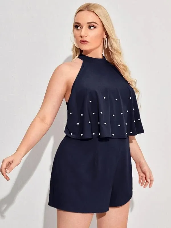 CM-JPS319470 Women Plus Size Sleeveless Pearls Front Halter Romper - Navy Blue