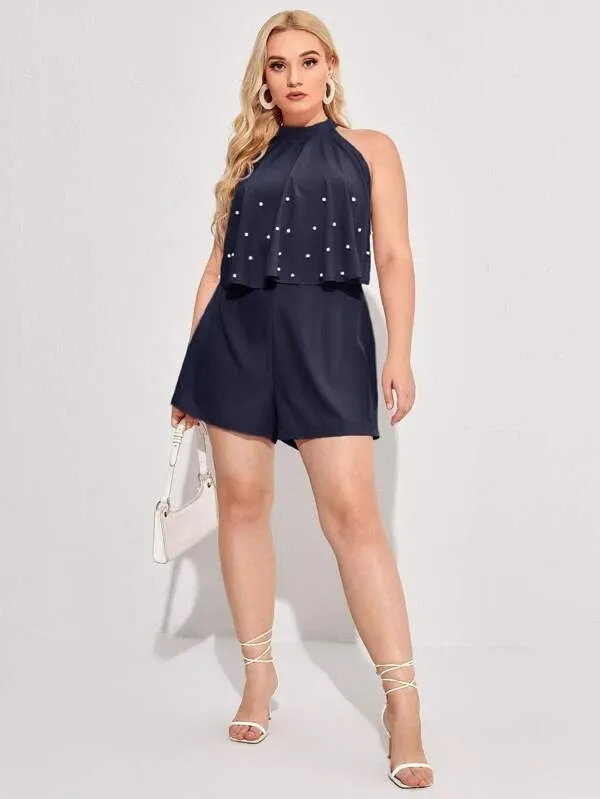 CM-JPS319470 Women Plus Size Sleeveless Pearls Front Halter Romper - Navy Blue