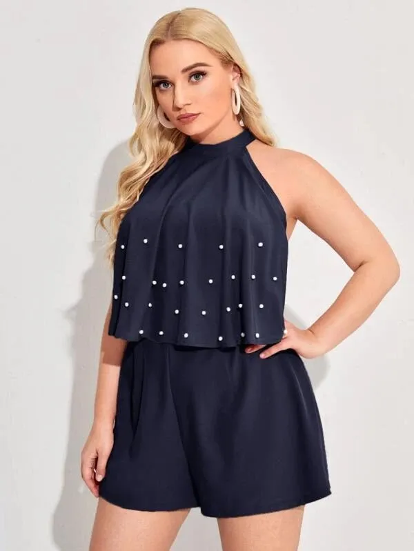 CM-JPS319470 Women Plus Size Sleeveless Pearls Front Halter Romper - Navy Blue