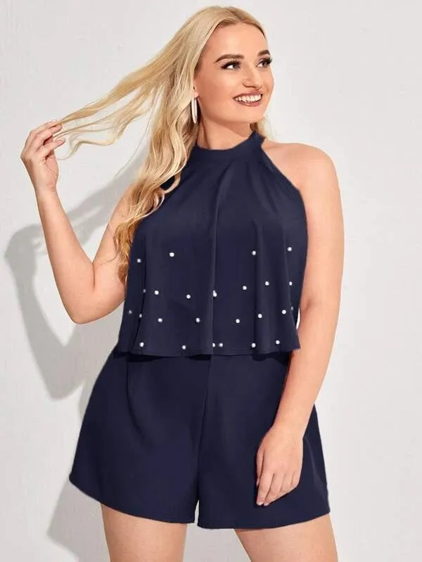 CM-JPS319470 Women Plus Size Sleeveless Pearls Front Halter Romper - Navy Blue