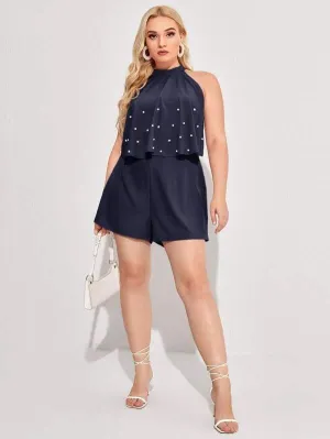 CM-JPS319470 Women Plus Size Sleeveless Pearls Front Halter Romper - Navy Blue