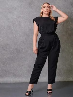 CM-JPS319557 Women Plus Size Padded Shoulder Solid Belted Jumpsuit - Black