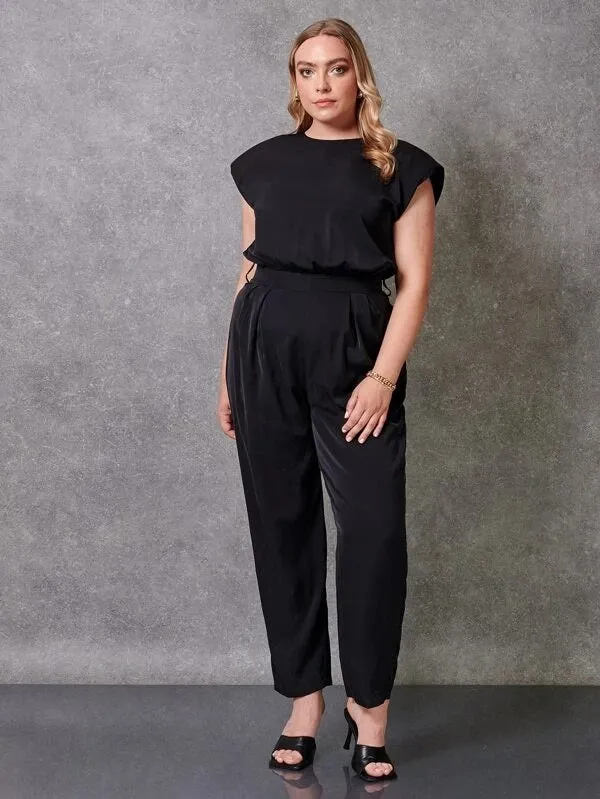 CM-JPS319557 Women Plus Size Padded Shoulder Solid Belted Jumpsuit - Black