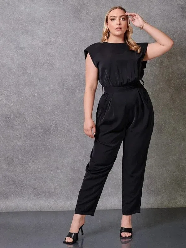 CM-JPS319557 Women Plus Size Padded Shoulder Solid Belted Jumpsuit - Black