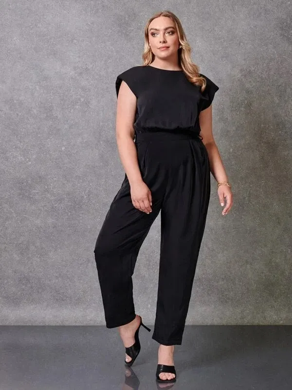 CM-JPS319557 Women Plus Size Padded Shoulder Solid Belted Jumpsuit - Black