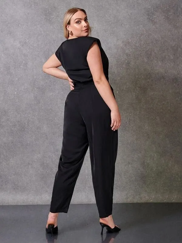 CM-JPS319557 Women Plus Size Padded Shoulder Solid Belted Jumpsuit - Black