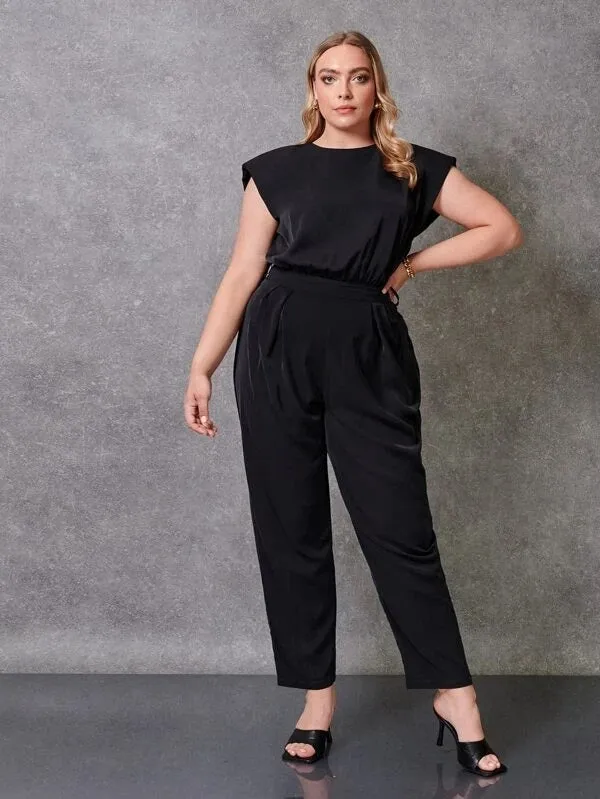 CM-JPS319557 Women Plus Size Padded Shoulder Solid Belted Jumpsuit - Black