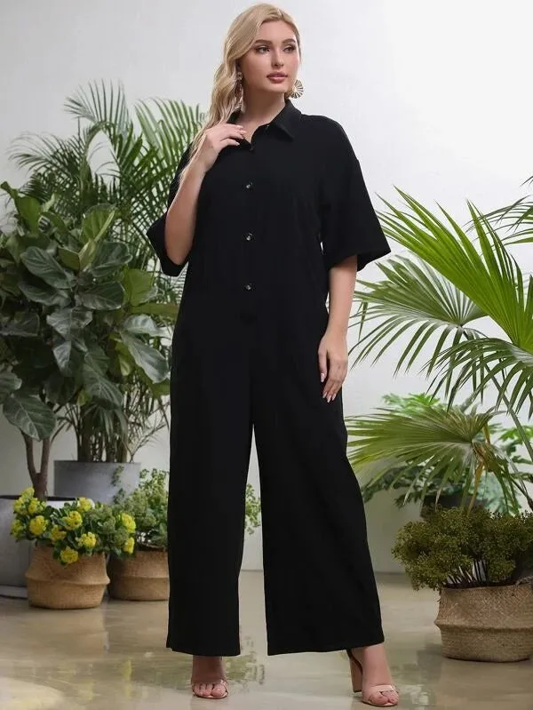 CM-JPS325551 Women Plus Size Short Sleeve Drop Shoulder Shirt Jumpsuit - Black