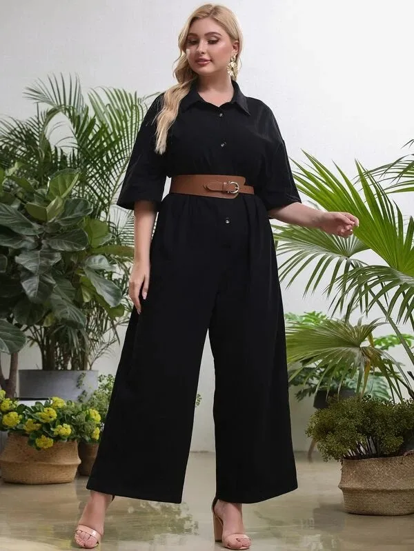 CM-JPS325551 Women Plus Size Short Sleeve Drop Shoulder Shirt Jumpsuit - Black